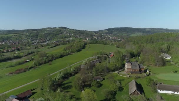 Panorama Etnoğrafya Parkı Dağları Nowy Sacz Hava Görüntüsü Polonya Yüksek — Stok video