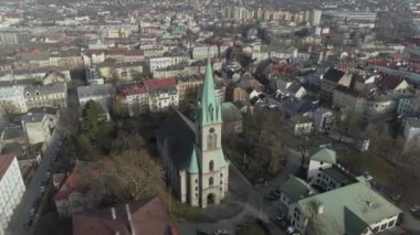 Güzel kilise Bielsko Biala Hava Manzarası Polonya. Yüksek kalite 4k görüntü