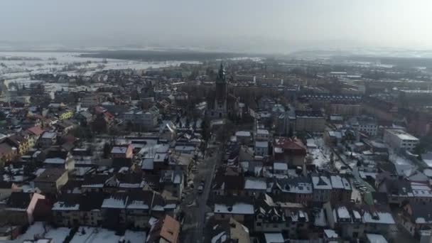 Prachtige Panorama Kerk Downtown Nowy Targ Luchtfoto Polen Hoge Kwaliteit — Stockvideo