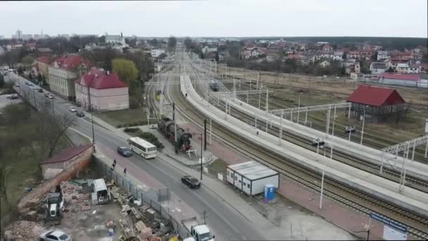 Mostra Locomotiva Vapore Stalowa Wola Vista Aerea Polonia Filmati Alta — Video Stock