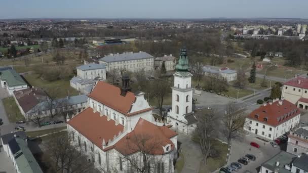 Prachtige Kerktoren Oude Binnenstad Zamosc Luchtfoto Uitzicht Polen Hoge Kwaliteit — Stockvideo