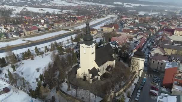 Schöne Kirche Nowy Targ Luftaufnahme Polen Hochwertiges Filmmaterial — Stockvideo