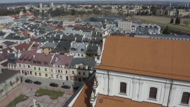 Schöne Kirche Altstadt Zamosc Luftaufnahme Polen Hochwertiges Filmmaterial — Stockvideo