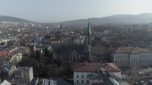 Schöne Kirche Bielsko Biala Luftaufnahme Polen Hochwertiges Filmmaterial — Stockvideo