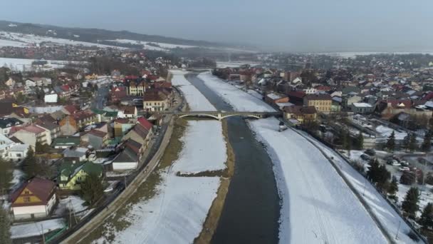 Prachtige Panorama River Bridge Nowy Targ Aerial View Polen Hoge — Stockvideo