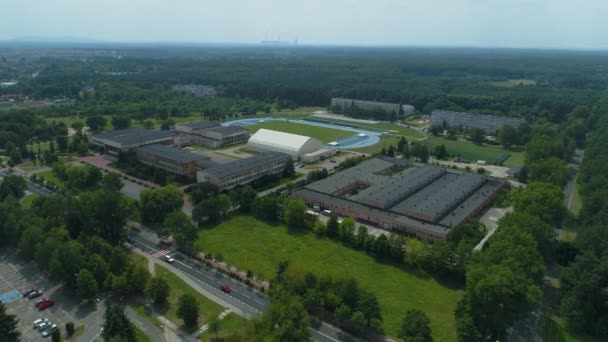 Smukke Skole Stadion Belchatow Aerial View Polen Høj Kvalitet Optagelser – Stock-video