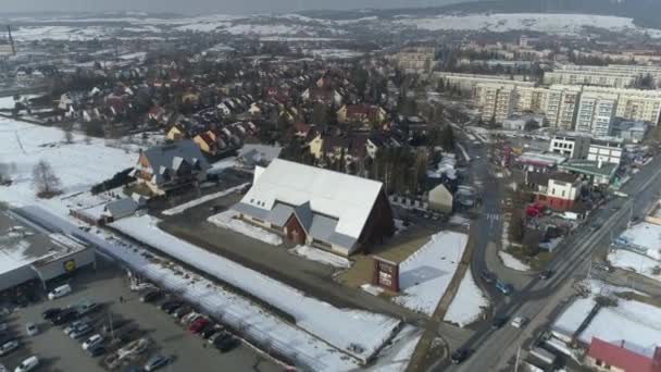 Gyönyörű Panoráma Templom Nowy Targ Aerial View Lengyelország Kiváló Minőségű — Stock videók