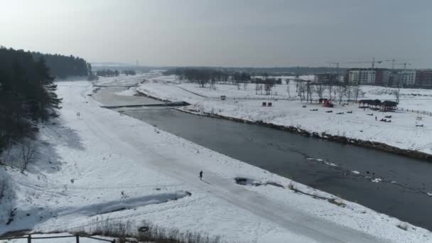 Gyönyörű Folyó Snow Nowy Targ Aerial View Lengyelország Kiváló Minőségű — Stock videók