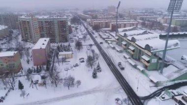 Kış Karlı Belchatow Stadyumu Hava Manzarası Polonya. Yüksek kalite 4k görüntü