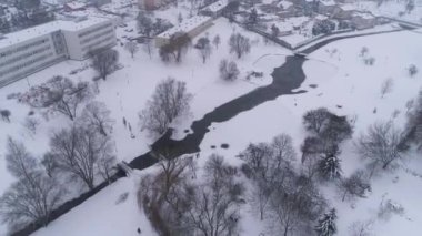 Kış Nehri Parkı Belchatow Hava Manzarası Polonya. Yüksek kalite 4k görüntü