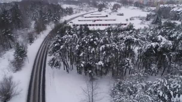 Panorama Forest Road Sneeuw Binkow Belchatow Uitzicht Vanuit Lucht Polen — Stockvideo