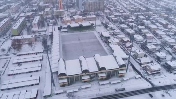 Stadion Winter Sneeuw Belchatow Luchtfoto Polen Hoge Kwaliteit Beeldmateriaal — Stockvideo