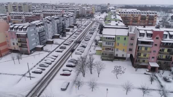 Vinterväg Bilar Snow Binkow Nedan Chatow Flygfoto Polen Högkvalitativ Film — Stockvideo