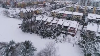Kış Konutları Kar Binkow Belchatow Hava Görüntüsü Polonya. Yüksek kalite 4k görüntü