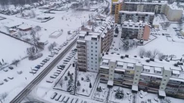 Kış Konutları Kar Binkow Belchatow Hava Görüntüsü Polonya. Yüksek kalite 4k görüntü