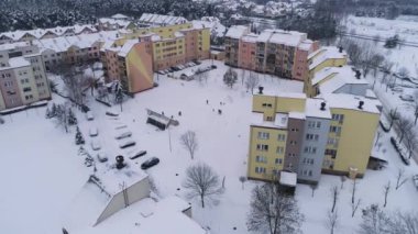 Hill Housing Estate Snow Przytorze Belchatow Hava Görüntüsü Polonya. Yüksek kalite 4k görüntü
