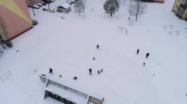 Hill Housing Estate Snow Przytorze Belchatow Hava Görüntüsü Polonya. Yüksek kalite 4k görüntü