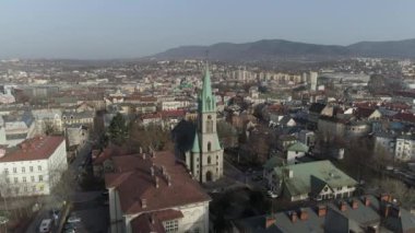 Güzel kilise Bielsko Biala Hava Manzarası Polonya. Yüksek kalite 4k görüntü