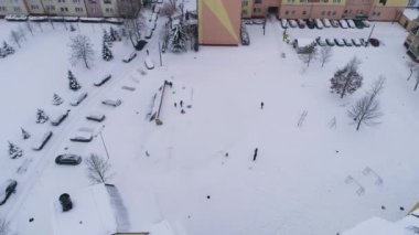 Hill Housing Estate Snow Przytorze Belchatow Hava Görüntüsü Polonya. Yüksek kalite 4k görüntü