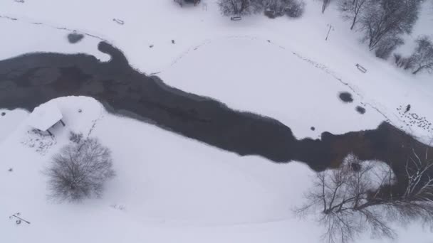 Winter River Park Sneeuw Belchatow Uitzicht Vanuit Lucht Polen Hoge — Stockvideo