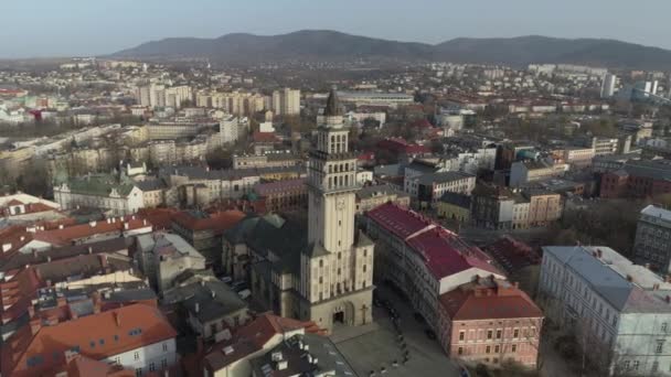Schöne Kathedrale Bielsko Biala Luftaufnahme Polen Hochwertiges Filmmaterial — Stockvideo