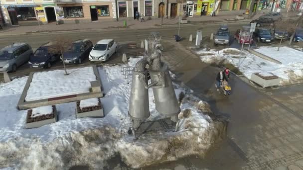 Smukke Statue Market Square Downtown Nowy Targ Aerial View Polen – Stock-video