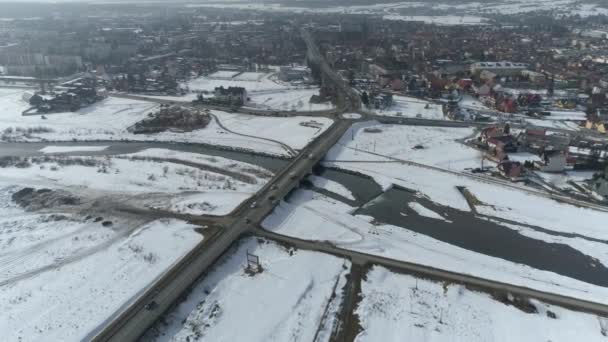 Gyönyörű Panoráma River Bridge Nowy Targ Aerial View Lengyelország Kiváló — Stock videók