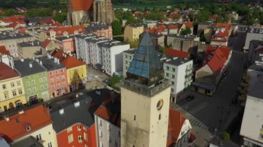 Güzel Kule Eski Şehir Strzegom Hava Görüntüsü Polonya. Yüksek kalite 4k görüntü