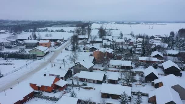 Vackra Vinterlandskap Hus Skorkowice Antenn View Poland Högkvalitativ Film — Stockvideo