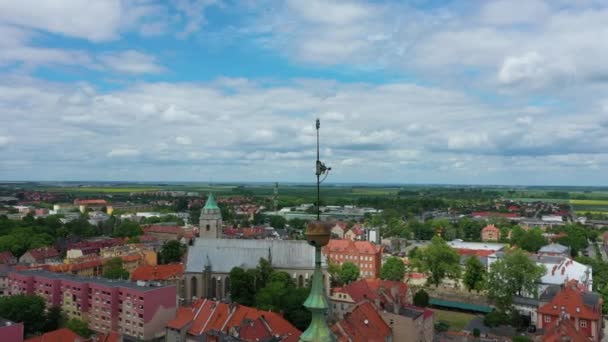 Krásná Věž Staré Město Jawor Aerial View Polsko Vysoce Kvalitní — Stock video