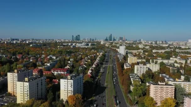 Gyönyörű Avenue Felhőkarcolók Panoráma Varsó Aerial View Lengyelország Kiváló Minőségű — Stock videók