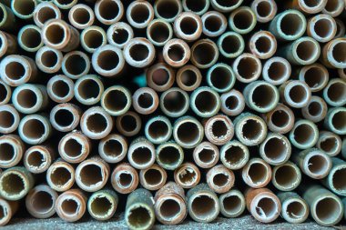 A very large pile of small bamboo, which will later be made into various crafts such as children's toys, straws, flutes, and others, the production process is done manually by local craftsmen
