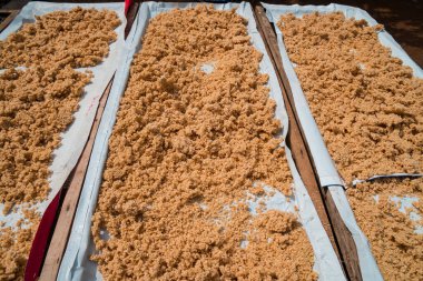 Gatot, a special food from the Gunung Kidul area, Indonesia, which comes from cassava tubers that are soaked, pounded and dried in the sun before being cooked. These foods are generally brown and green for the pandan flavored ones