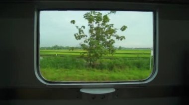 Ride the train sitting by the window looking at the view of the tracks and rice fields outside the window the train is speeding towards its destination