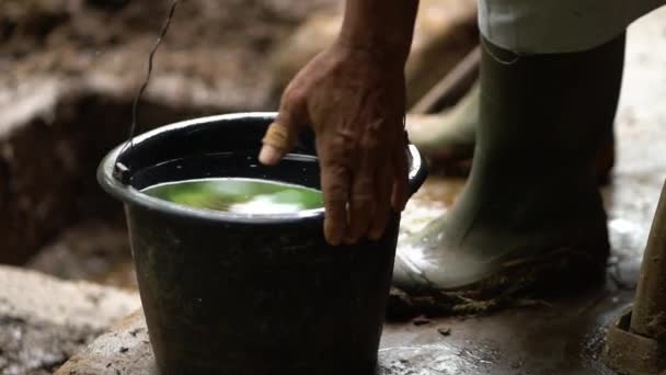Verwerking Van Koeienmest Vanaf Het Begin Verzamelen Water Toevoegen Roeren — Stockvideo