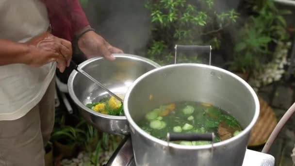 Διαδικασία Της Μαγειρικής Σούπας Που Περιέχει Βιολογικά Λαχανικά Όπως Σπανάκι — Αρχείο Βίντεο