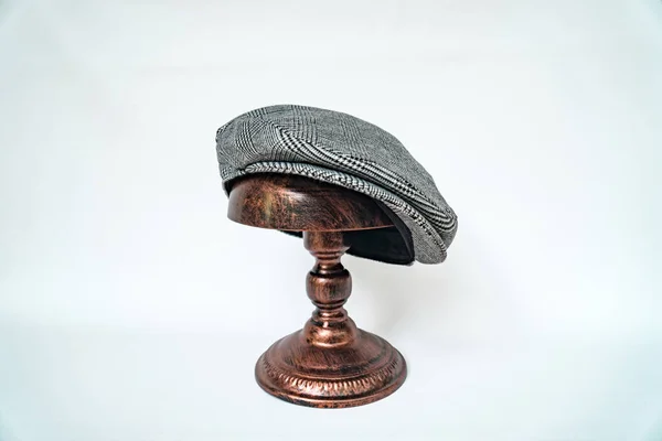 Detail Scally Cap Flat Cap Black White Tweed Herringbone Pattern — Stock Photo, Image