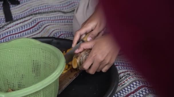 Folyamat Vágás Fűszerek Segítségével Egy Vágódeszka Egy Kés Kis Darabokra — Stock videók