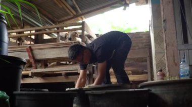 Keçi yetiştiricilerinin ahşap ve bambudan yapılmış keçi ağıllarındaki faaliyetleri, yiyecek karıştırmak, kontrol etmek ve ağıldaki kiri temizlemek gibi günlük aktiviteler