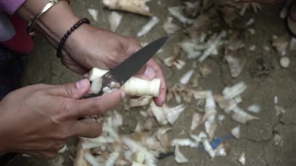 Aproape Mâna Femeii Asiatice Peeling Manual Tuberculi Cuțit Aer Liber — Videoclip de stoc