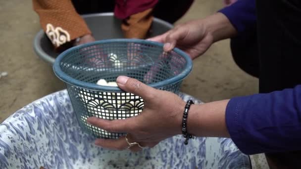 紧紧抓住亚洲女人的手 在前院用一碗清洁的水手工洗块茎 剥皮后洗净的块茎会被加工成食物 — 图库视频影像
