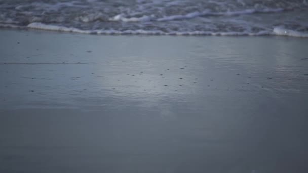 Момент Отправляетесь Отпуск Пляж Красивым Закатом Тонкими Волнами Моющими Пляжный — стоковое видео