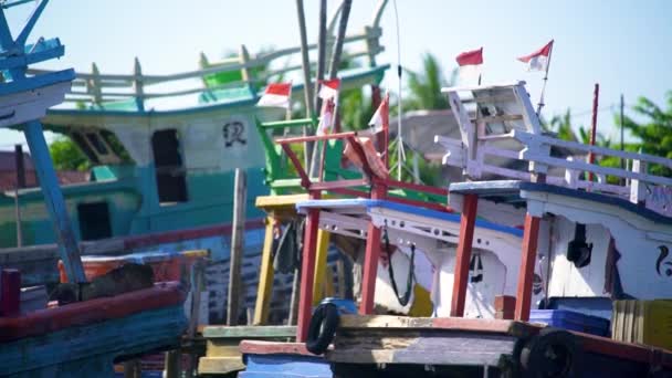 Hundreds Fishing Boats Various Shapes Sizes Parked Downstream Side River — Stock Video