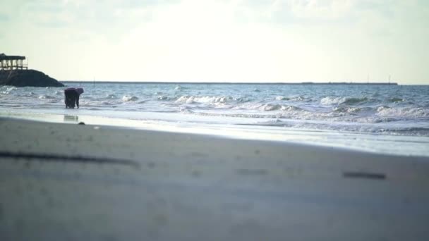 Okamžik Kdy Pojedete Dovolenou Pláž Krásným Západem Slunce Tenkými Vlnami — Stock video
