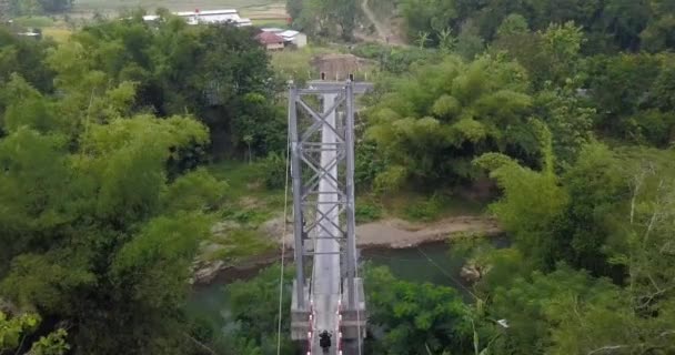 Luftaufnahmen Einer Hängebrücke Die Einen Fluss Mit Üppigen Bäumen Umgibt — Stockvideo