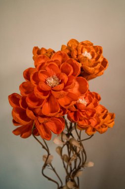 Boho tarzı oturma odasının içi, kurutulmuş çiçek şeklinde zarif aksesuarlarla ve pampa ya da kurutulmuş sazlık buketleri gibi beyaz bir duvar arka planıyla dekore edilen çiçeklerle dolu..