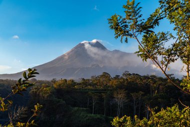 Akşamları Merapi Dağı 'nın çok açık manzarası. Önünde çimenler ve devrilmiş ağaçlar var. Yogyakarta, Endonezya 'daki Merapi Dağı akşamları gerçekten büyüleyici.