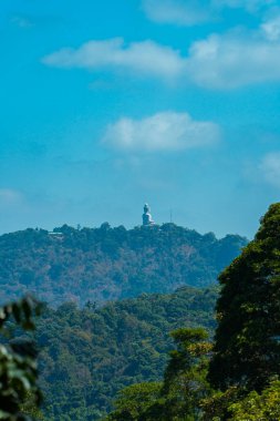 Beyaz mermerden yapılmış Phuket Büyük Buda heykeli yeşil tepelerin arasından görülebilir. Tepenin tepesinden bakıldığında, Phuket 'in Büyük Buda anıtı görkemli ve güzel görünüyor.