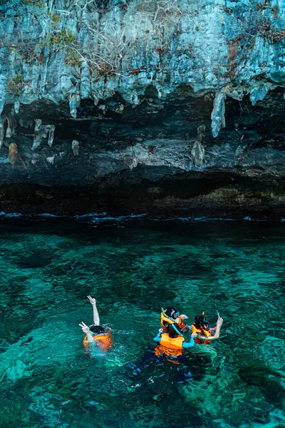 Uçsuz bucaksız denizin güzelliği ve bir Google ve can yeleği kullanarak şnorkelle yüzerek sudaki biyotayı görmek. Phi-phi Adası 'nda şnorkelle yüzmek, Mueang Krabi, Tayland büyüleyici kayalık manzaralı