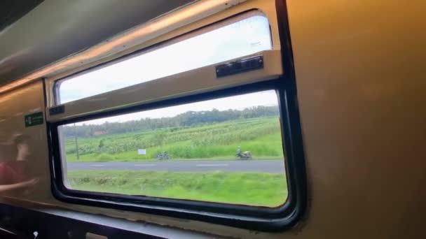 Volviendo Patria Tren Java Indonesia Sentado Cerca Ventana Mirando Hermosa — Vídeo de stock